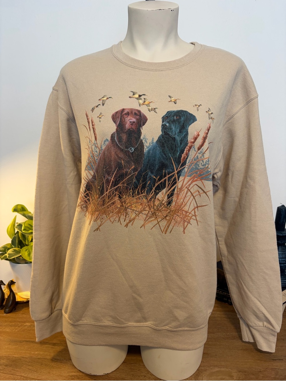 Vintage Style Labrador Retriever & Mallard Duck Graphic Sweatshirt Tan